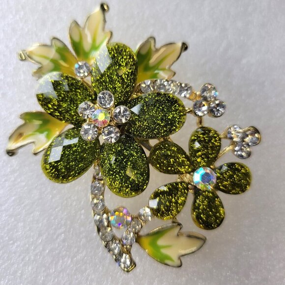 Lime Green Rhinestones Flower brooch - Picture 1 of 9